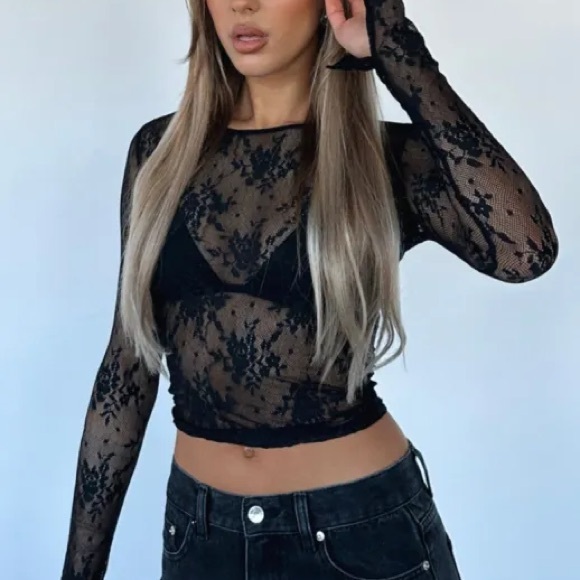 White Fox Boutique Tops - White Fox Black Lace Long Sleeve Top